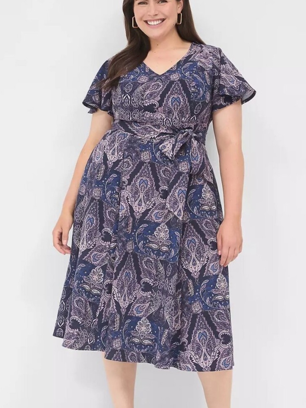 NWT LANE BRYANT Lena Vneck Level Hem Purple Paisley Flattering Fit Dress